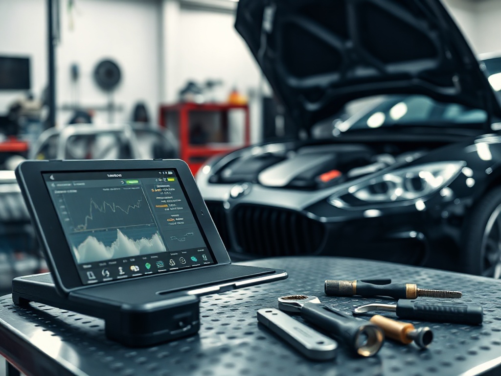 BMW service bay with Autel Ultra diagnostic tablet connected to a B-series engine