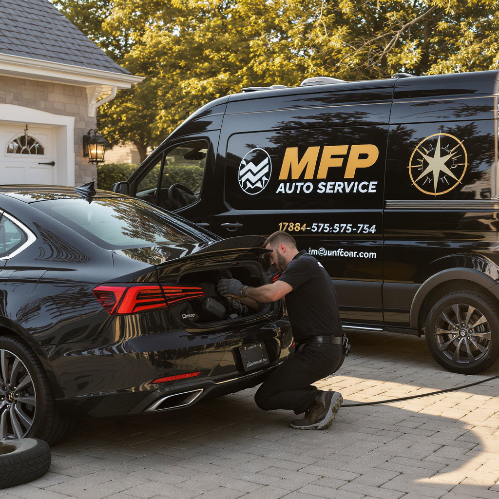 MFP mobile service van parked on a residential driveway in front of an MFP customer home