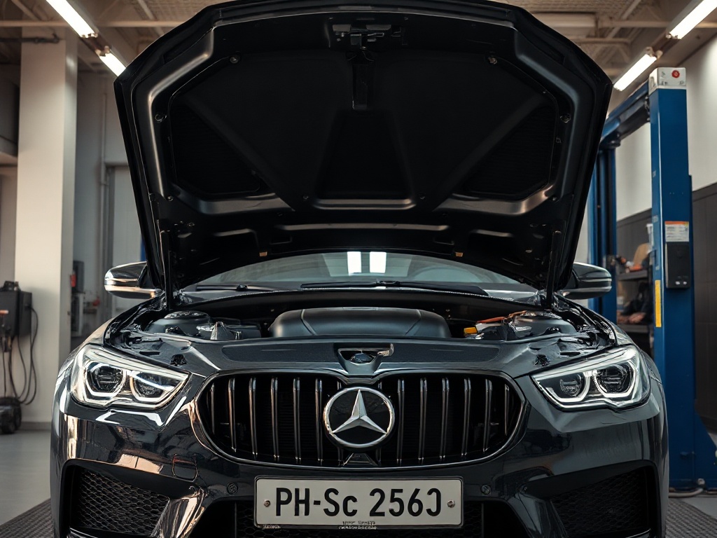 Open hood of a luxury European sedan in a clean MFP service bay
